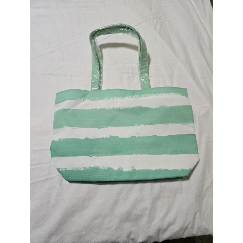 Clinique‎ Striped Tote Bag Green White Makeup Cosmetic Travel Beach /0316